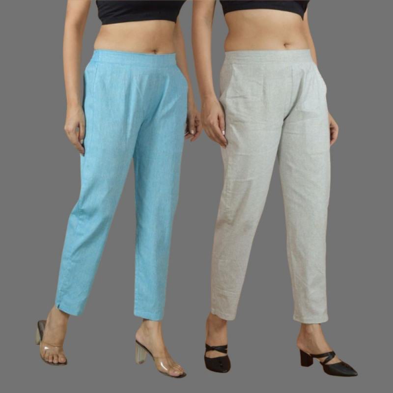 Combo of 2 Women Light Gray Sky Blue Cotton Trouser Pant-10117