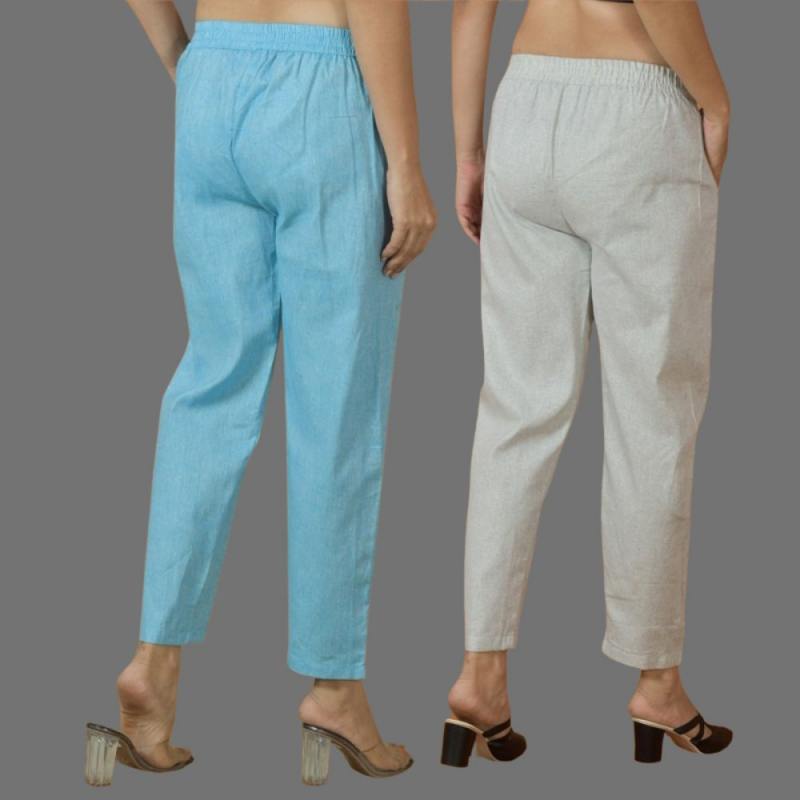 Combo of 2 Women Light Gray Sky Blue Cotton Trouser Pant-10117