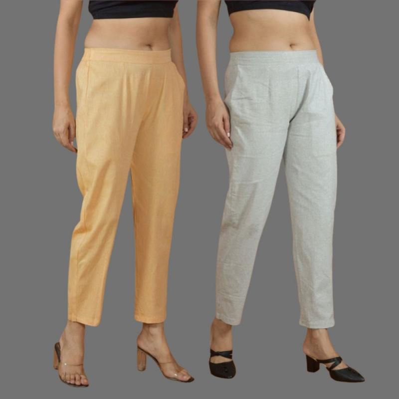 Combo of 2 Women Light Gray Yellow Cotton Trouser Pant-10118