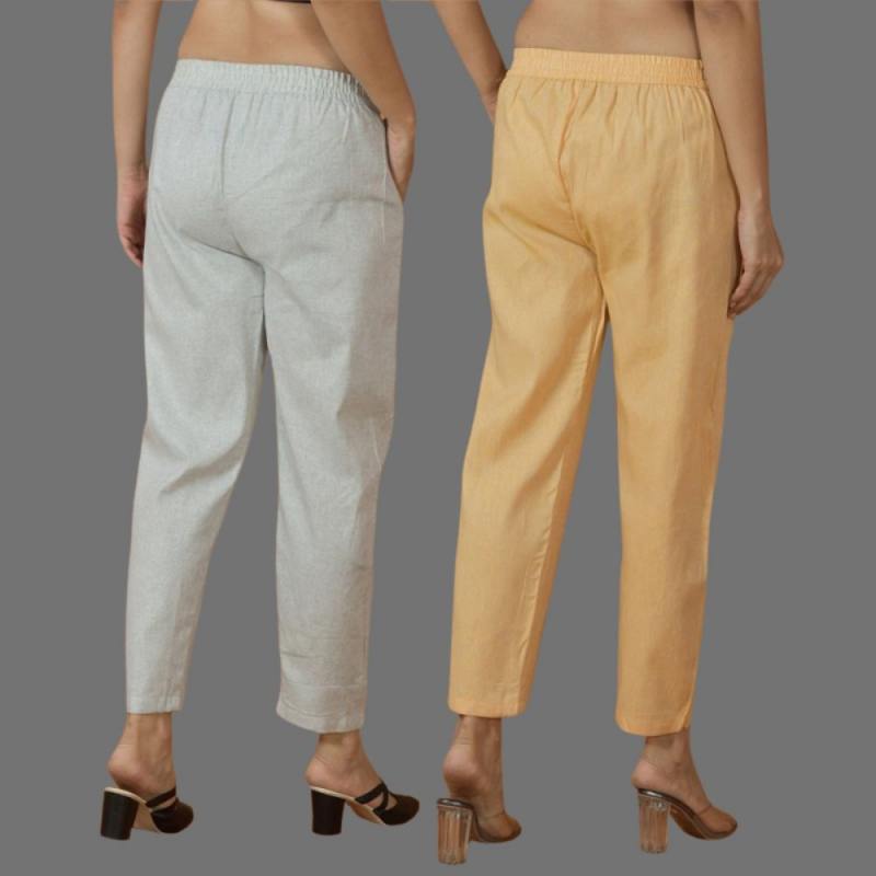 Combo of 2 Women Light Gray Yellow Cotton Trouser Pant-10118