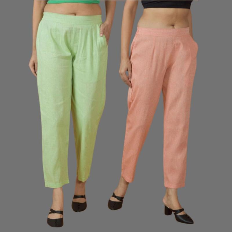 Combo of 2 Women Mint Green Peach Cotton Trouser Pant-10119
