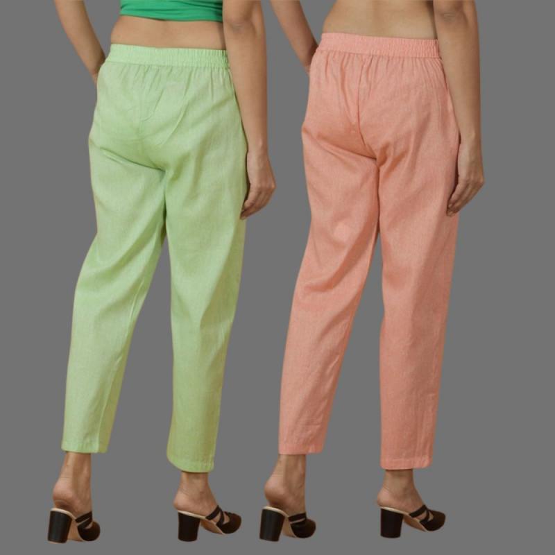 Combo of 2 Women Mint Green Peach Cotton Trouser Pant-10119