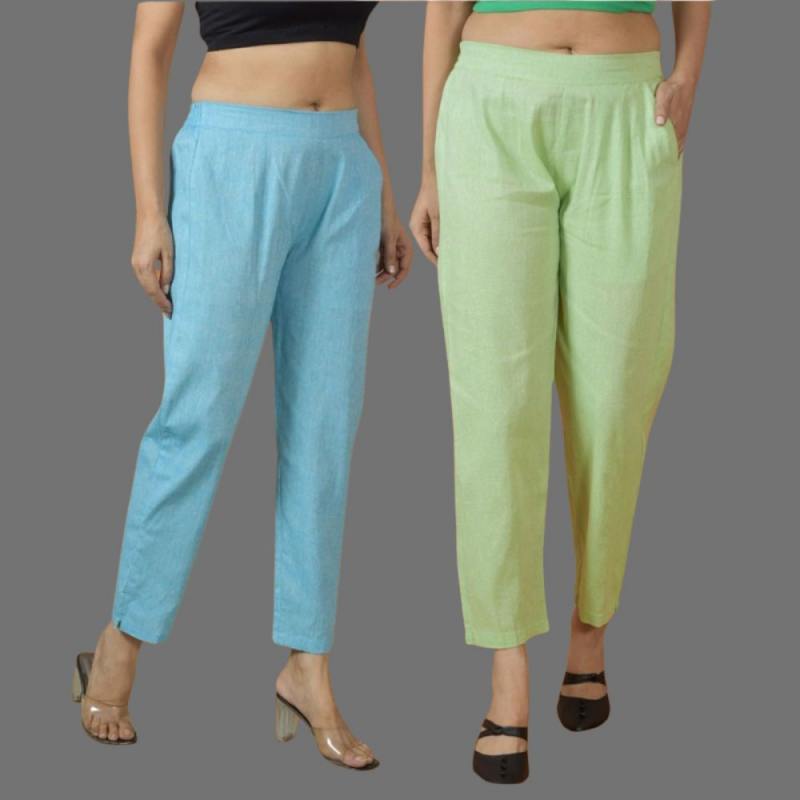 Combo of 2 Women Mint Green Sky Blue Cotton Trouser Pant-10120