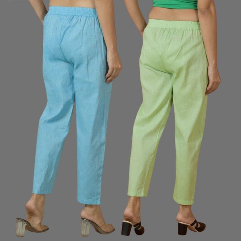Combo of 2 Women Mint Green Sky Blue Cotton Trouser Pant-10120