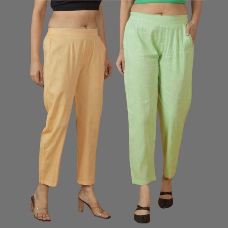 Combo of 2 Women Mint Green Yellow Cotton Trouser Pant-10121