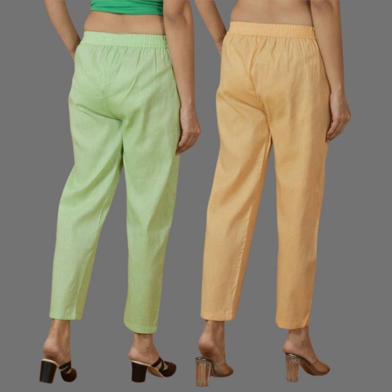 Combo of 2 Women Mint Green Yellow Cotton Trouser Pant-10121