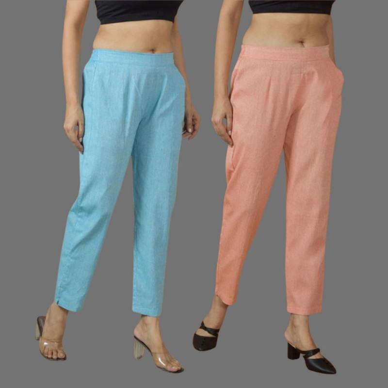 Combo of 2 Women Peach Sky Blue Cotton Trouser Pant-10122