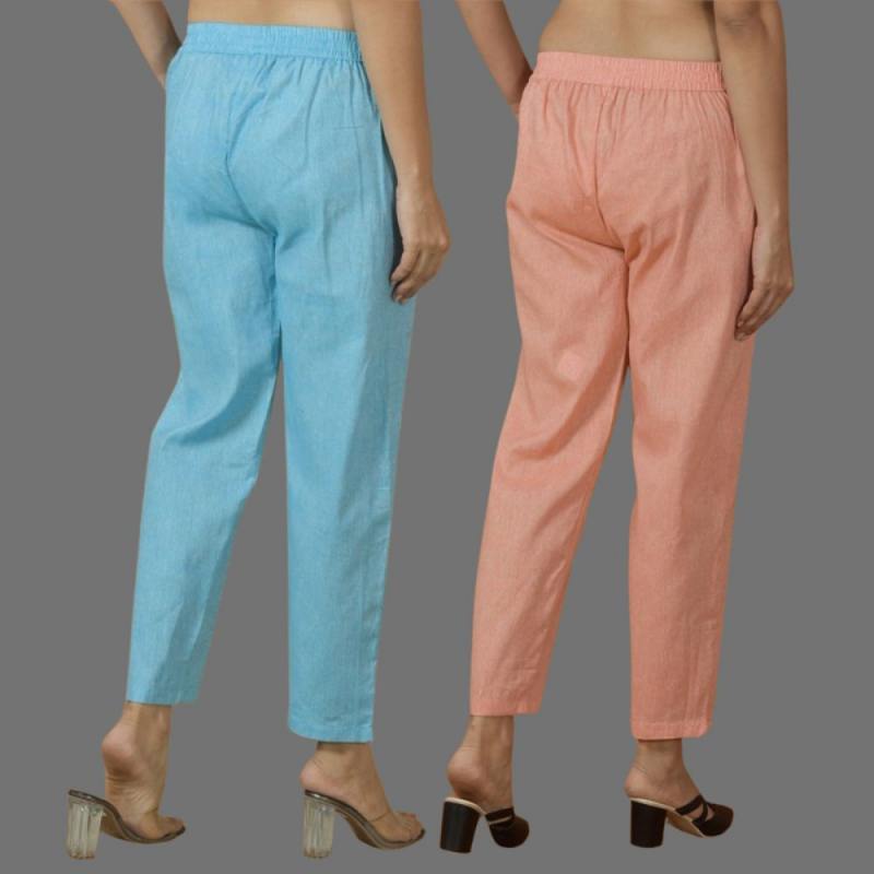 Combo of 2 Women Peach Sky Blue Cotton Trouser Pant-10122