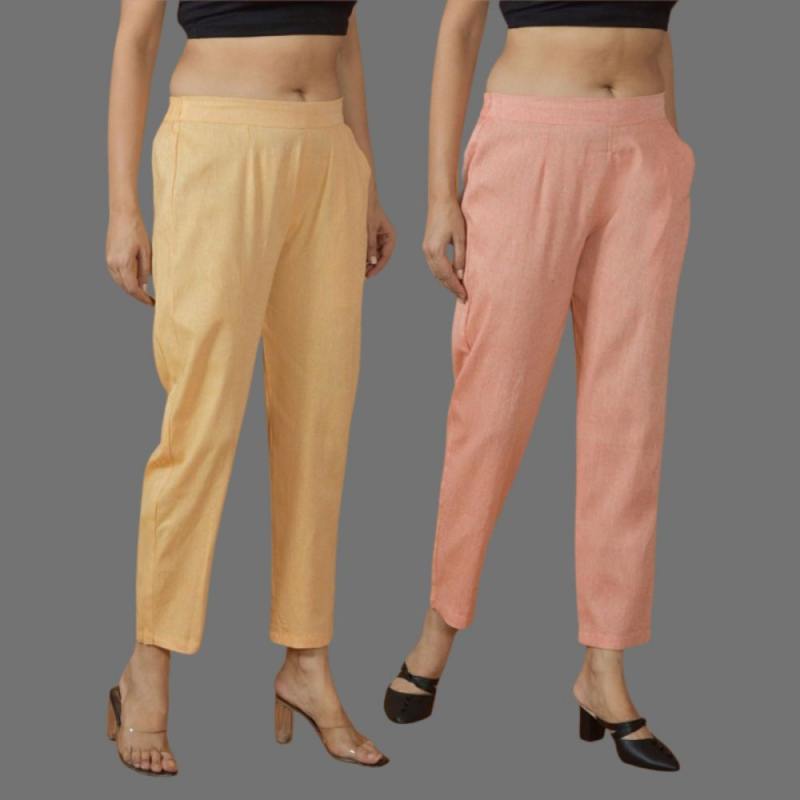 Combo of 2 Women Peach Yellow Cotton Trouser Pant-10123