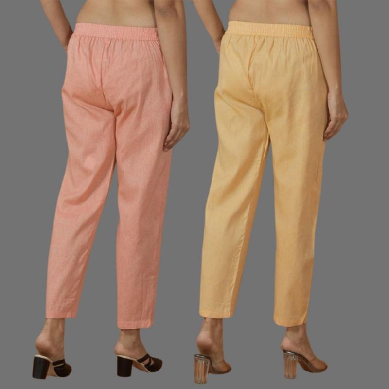Combo of 2 Women Peach Yellow Cotton Trouser Pant-10123