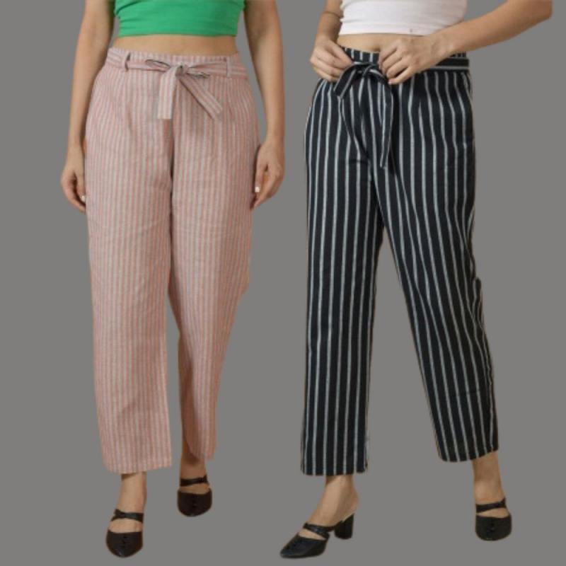 Combo of 2 Women Maroon Blue Cotton Checks Belt Pant-10070