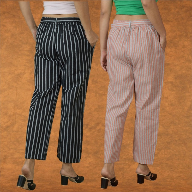 Combo of 2 Women Maroon Blue Cotton Checks Belt Pant-10070