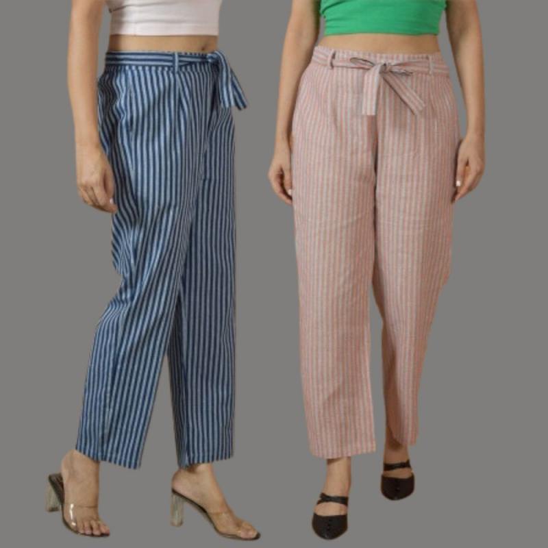 Combo of 2 Women White Pink Cotton Checks Belt Pant-10071