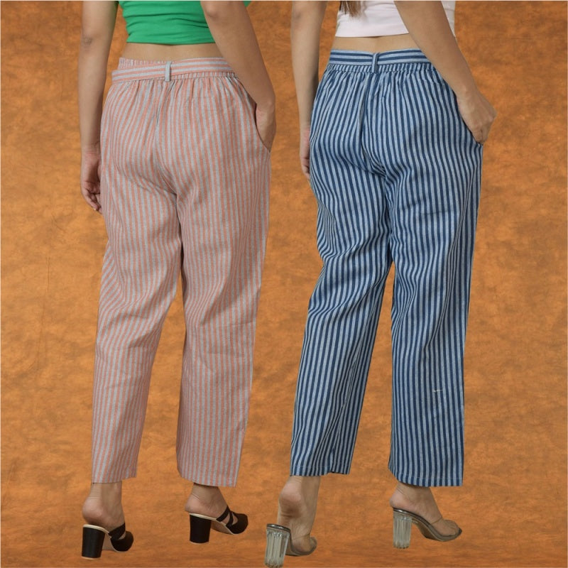 Combo of 2 Women White Pink Cotton Checks Belt Pant-10071