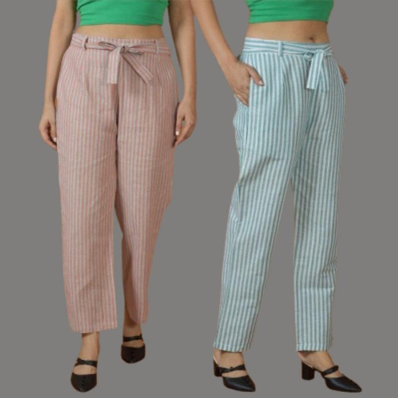 Combo of 2 Women Yellow Black Cotton Checks Belt Pant-10074