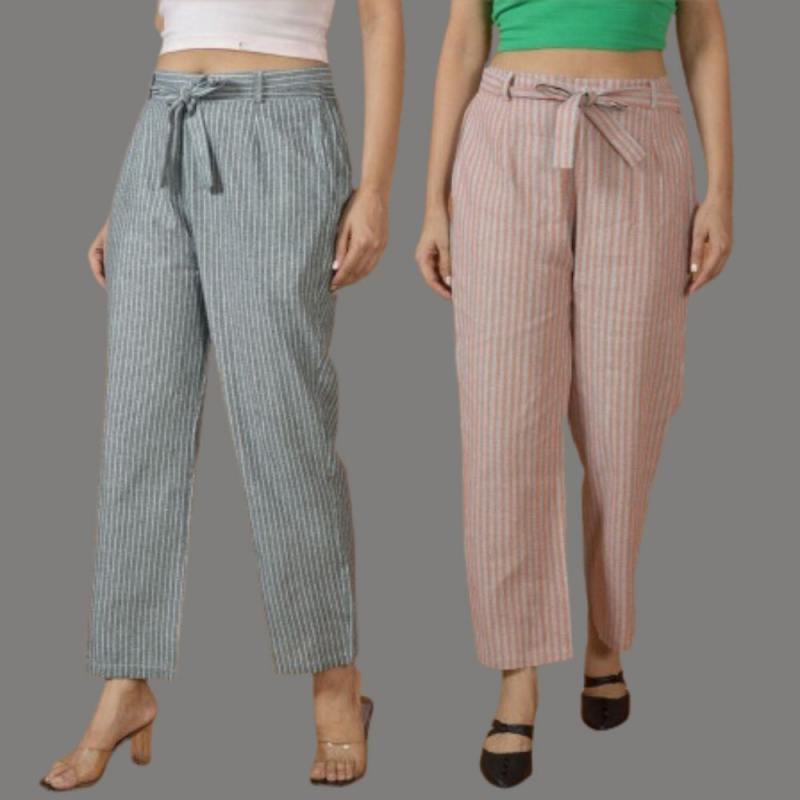 Combo of 2 Women Yellow Black Cotton Checks Belt Pant-10069