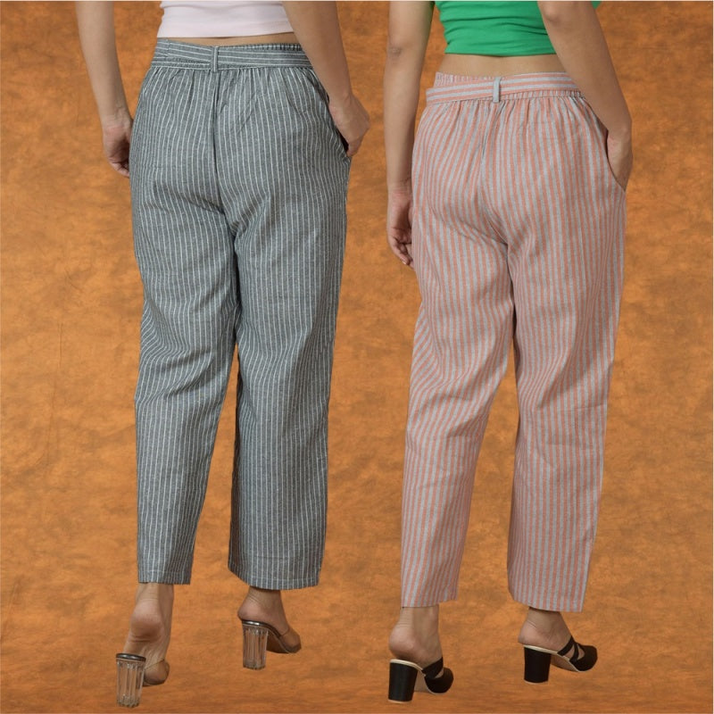 Combo of 2 Women Yellow Black Cotton Checks Belt Pant-10069