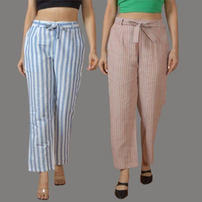 Combo of 2 Women Yellow Blue Cotton Checks Belt Pant-10075