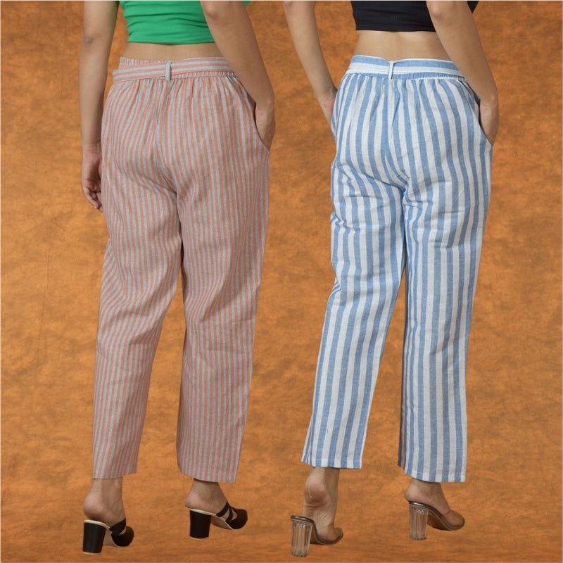 Combo of 2 Women Yellow Blue Cotton Checks Belt Pant-10075