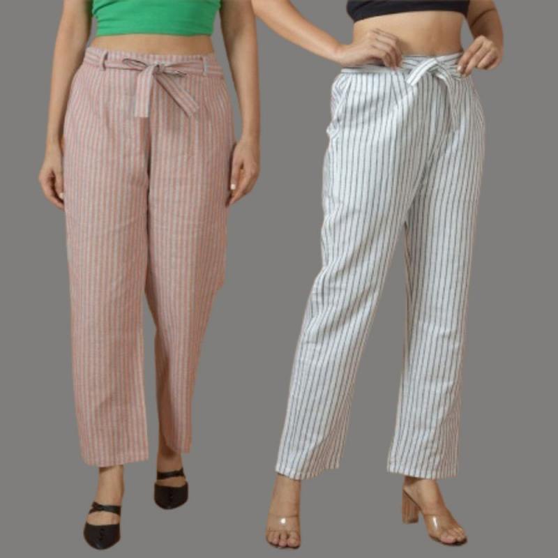 Combo of 2 Women Purple Pink Cotton Checks Belt Pant-10072