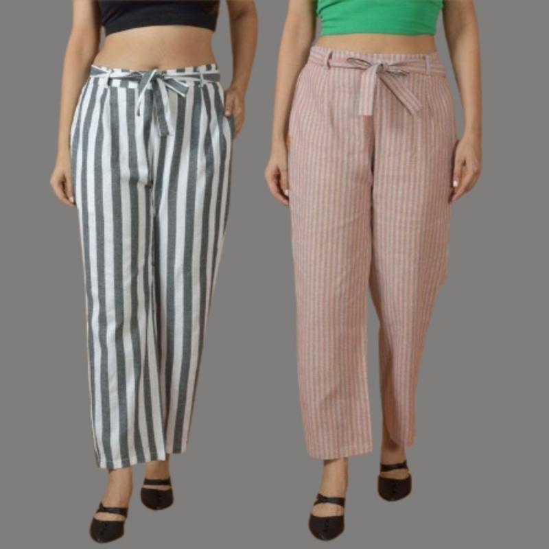 Combo of 2 Women Yellow Maroon Cotton Checks Belt Pant-10073