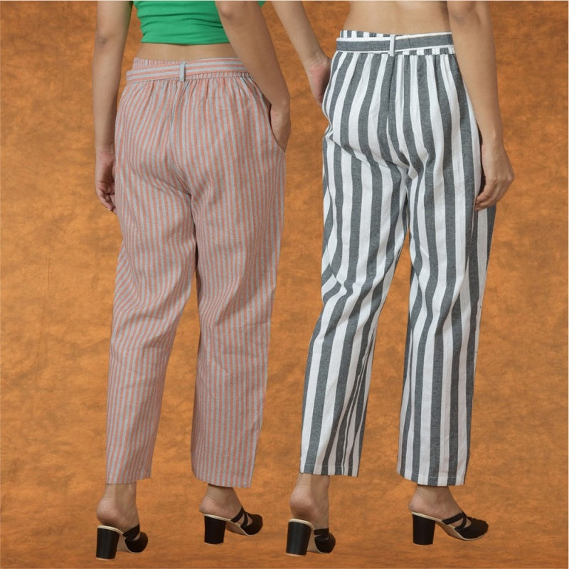 Combo of 2 Women Yellow Maroon Cotton Checks Belt Pant-10073