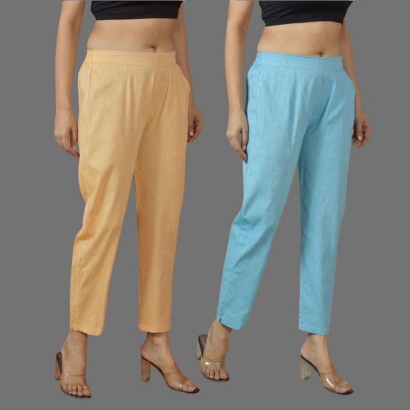 Combo of 2 Women Sky Blue Yellow Cotton Trouser Pant-10124