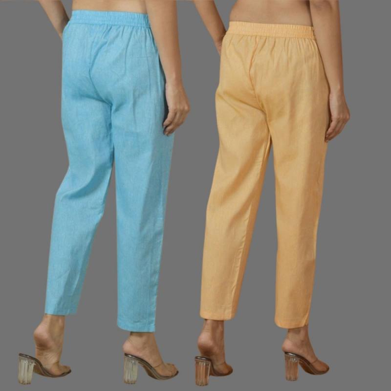 Combo of 2 Women Sky Blue Yellow Cotton Trouser Pant-10124