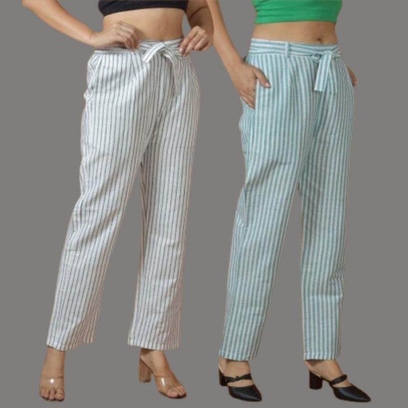 Combo of 2 Women White Blue Cotton Checks Belt Pant-10092