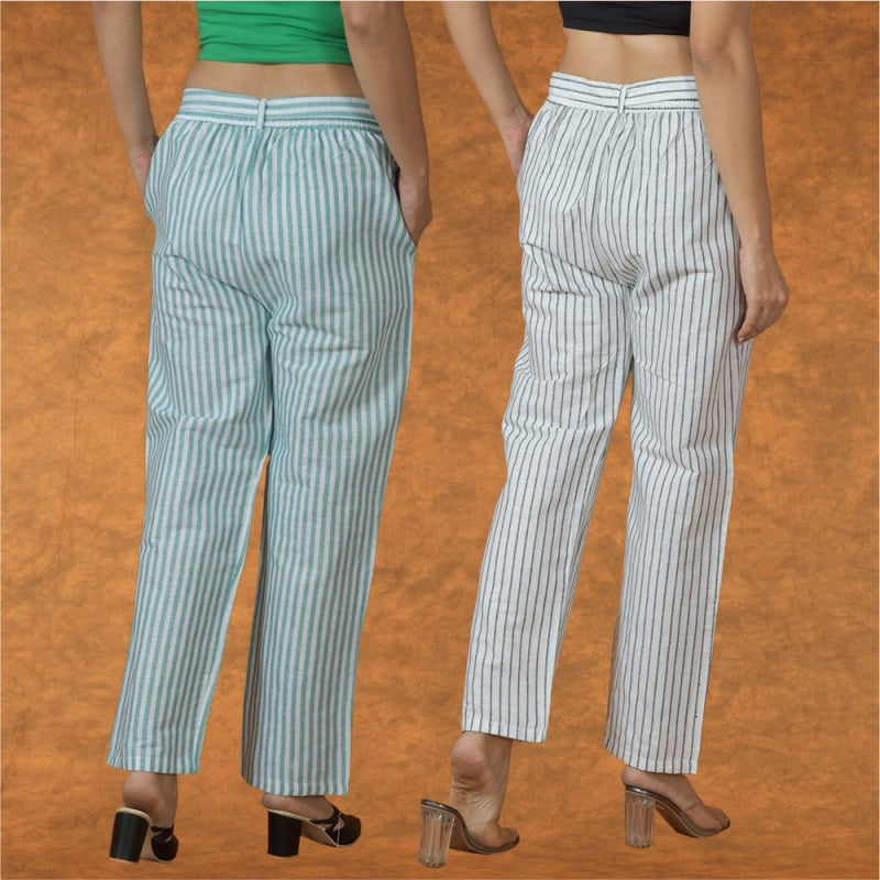 Combo of 2 Women White Blue Cotton Checks Belt Pant-10092