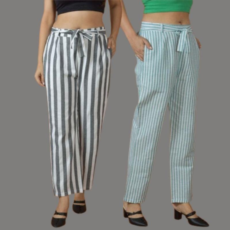 Combo of 2 Women Yellow Maroon Cotton Checks Belt Pant-10094