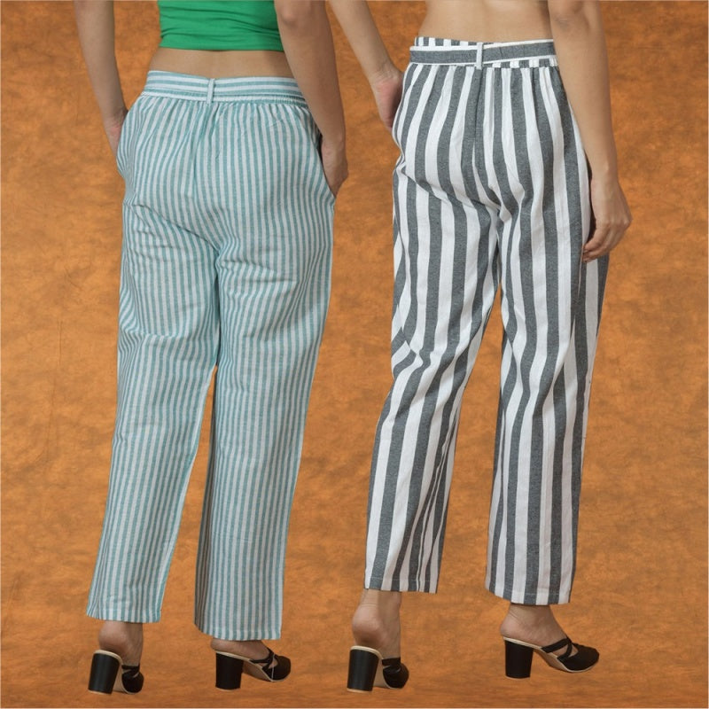 Combo of 2 Women Yellow Maroon Cotton Checks Belt Pant-10094