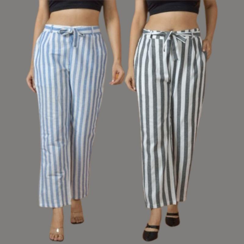 Combo of 2 Women White Black Cotton Checks Belt Pant-10095