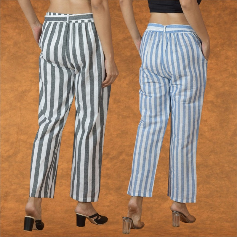 Combo of 2 Women White Black Cotton Checks Belt Pant-10095