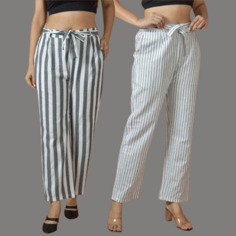 Combo of 2 Women Pink Black Cotton Checks Belt Pant-10091
