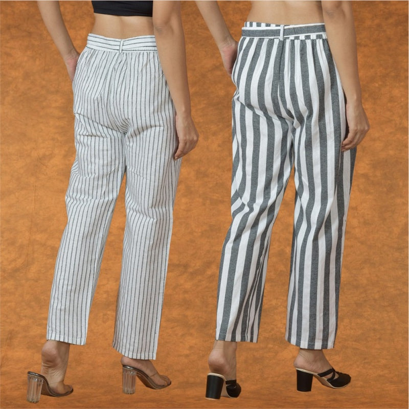 Combo of 2 Women Pink Black Cotton Checks Belt Pant-10091