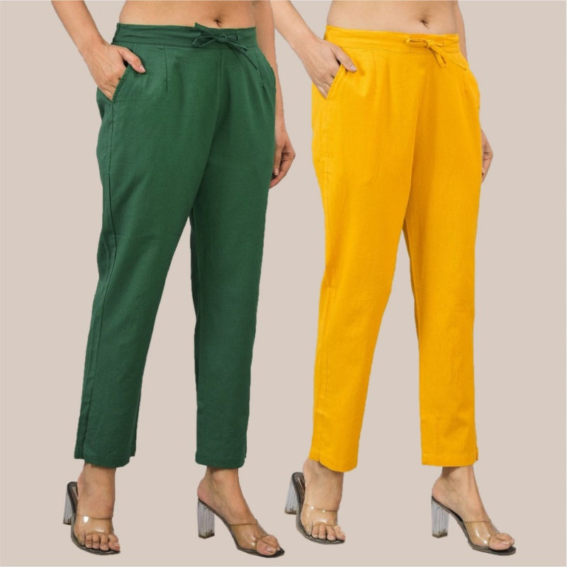 Combo of 2 Yellow and Bottle Green Cotton Flax Women Trouser Pant-10348