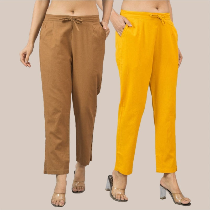 Combo of 2 Yellow and Brown Cotton Flax Women Trouser Pant-10358