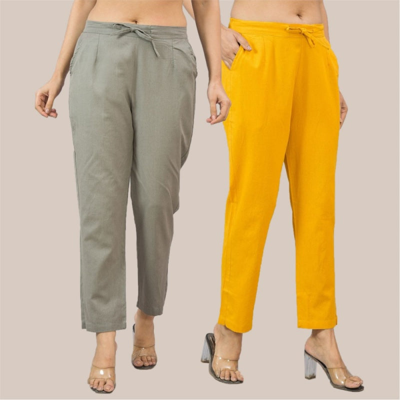 Combo of 2 Yellow and Gray Cotton Flax Women Trouser Pant-10367