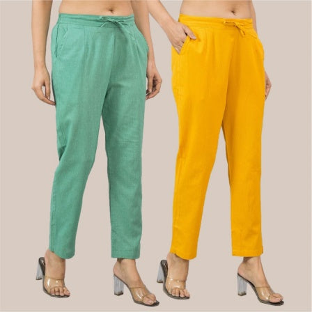 Combo of 2 Yellow and Green Cotton Flax Women Trouser Pant-10375