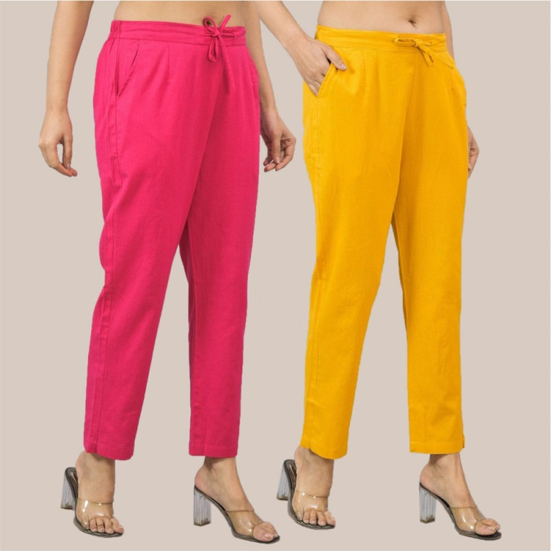 Combo of 2 Yellow and Magenta Pink Cotton Flax Women Trouser Pant-10382