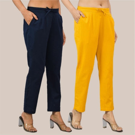Combo of 2 Yellow and Navy Blue Cotton Flax Women Trouser Pant-10393