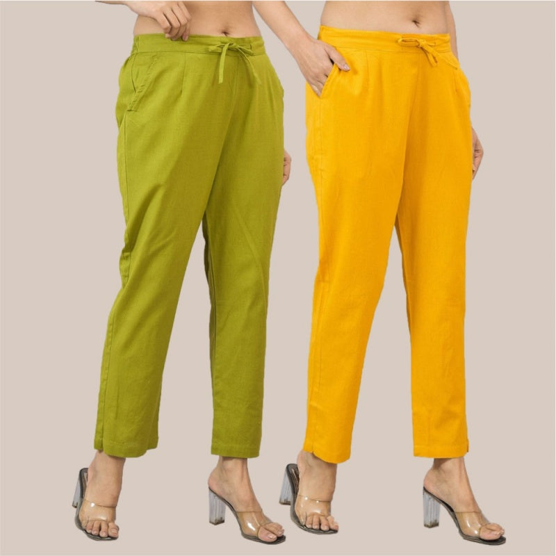 Combo of 2 Yellow and Olive Green Cotton Flax Women Trouser Pant-10397