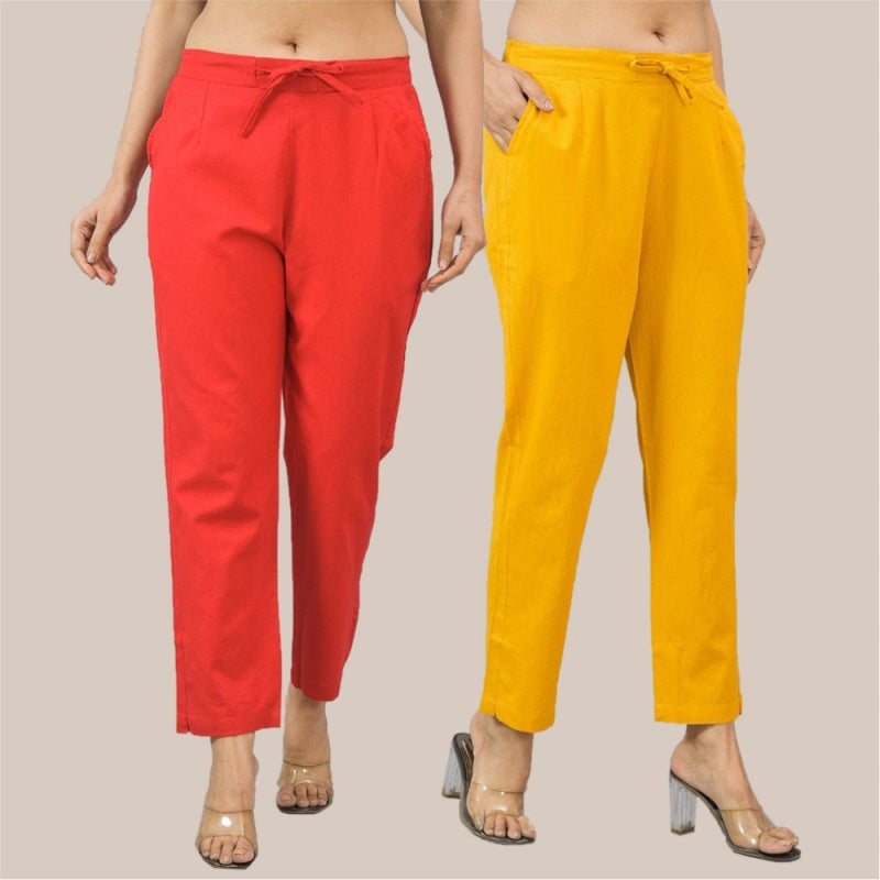 Combo of 2 Yellow and Red Cotton Flax Women Trouser Pant-10400
