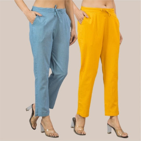 Combo of 2 Yellow and Sky Blue Cotton Flax Women Trouser Pant-10402