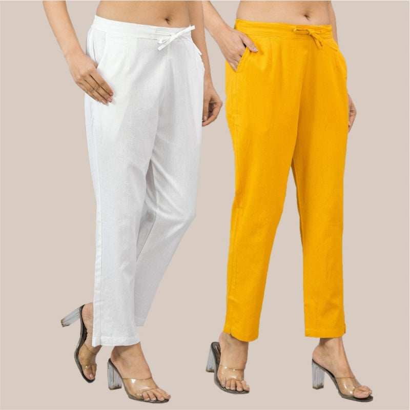 Combo of 2 Yellow and White Cotton Flax Women Trouser Pant-10403