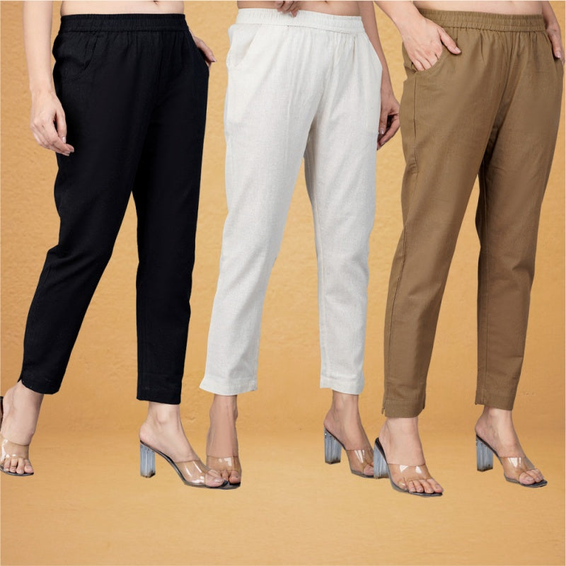 Combo of 3 Cotton Beige Brown and Black Women Regular Fit Solid Trousers-43273