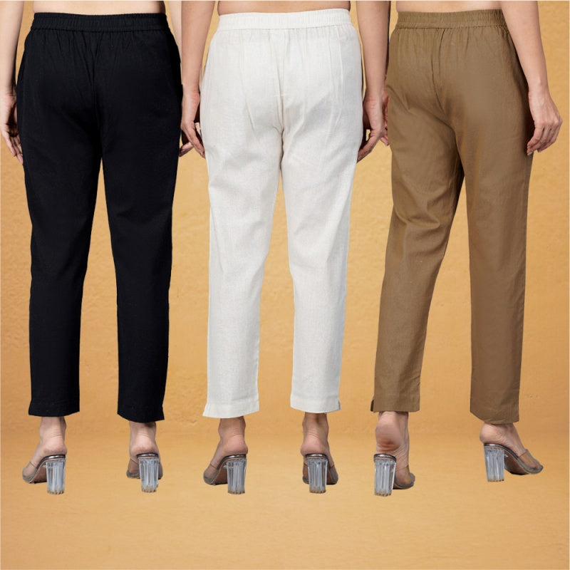 Combo of 3 Cotton Beige Brown and Black Women Regular Fit Solid Trousers-43273