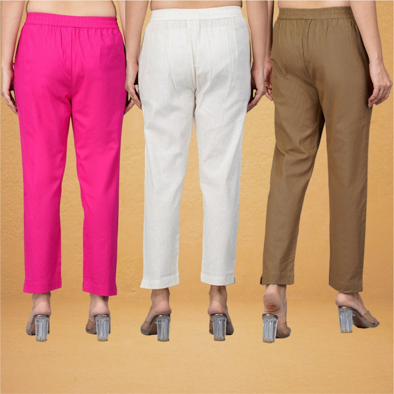 Combo of 3 Cotton Beige Brown and Pink Women Regular Fit Solid Trousers-43434