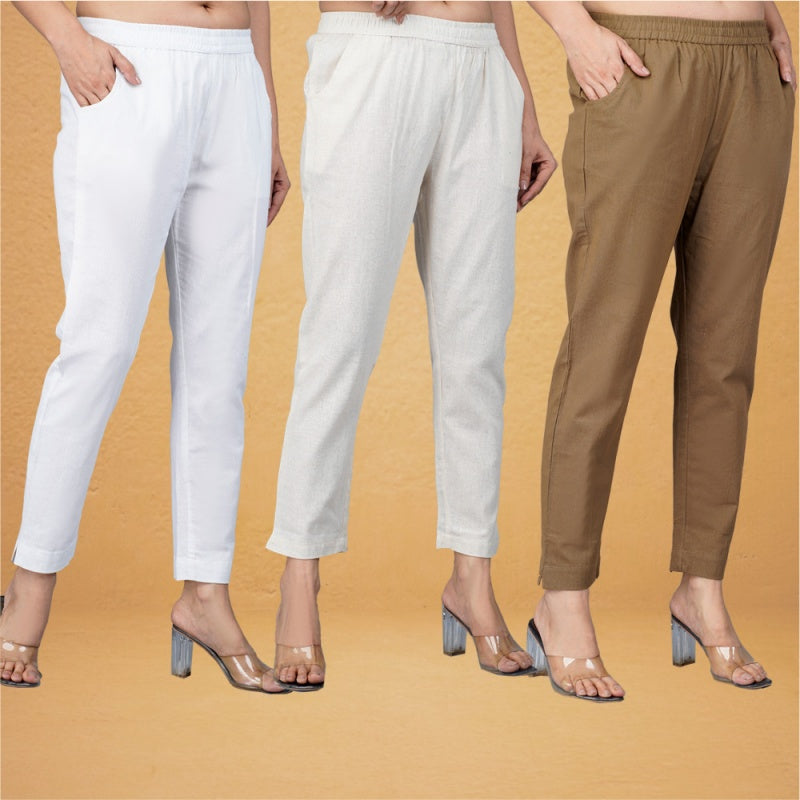 Combo of 3 Cotton Beige Brown and White Women Regular Fit Solid Trousers-43437